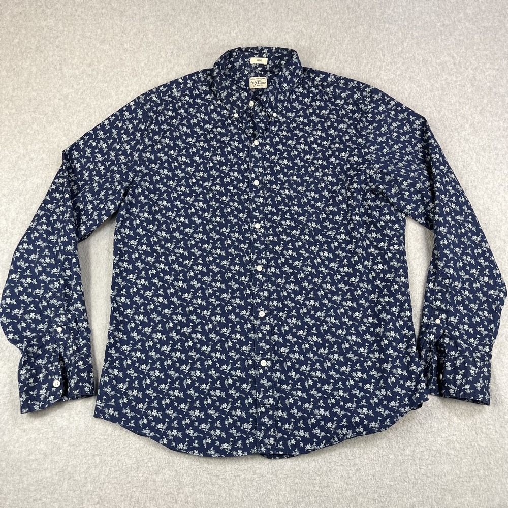 J.Crew Secret Wash Shirt Mens Large Slim Blue Floral Print Button Up Cotton